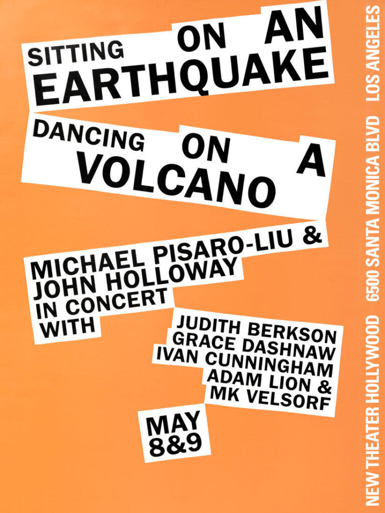 Promotional poster with bold text about a concert featuring Michael Pisaro-Liu and John Holloway, set against an orange background.