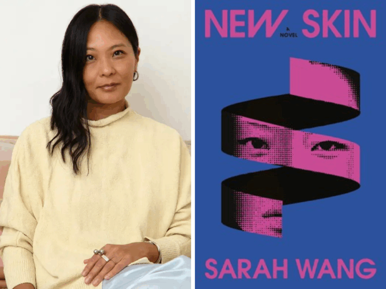 Book cover of "NEW SKIN" by Sarah Wang with a blue background, pink text, and a stylized face design.