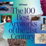 Collage depicting various artworks with the title "The 100 Best Artworks of the 21st Century" in bold purple text on a gradient background. Includes a white statue of a woman, a pink sculpture, and images of paintings and photographs.