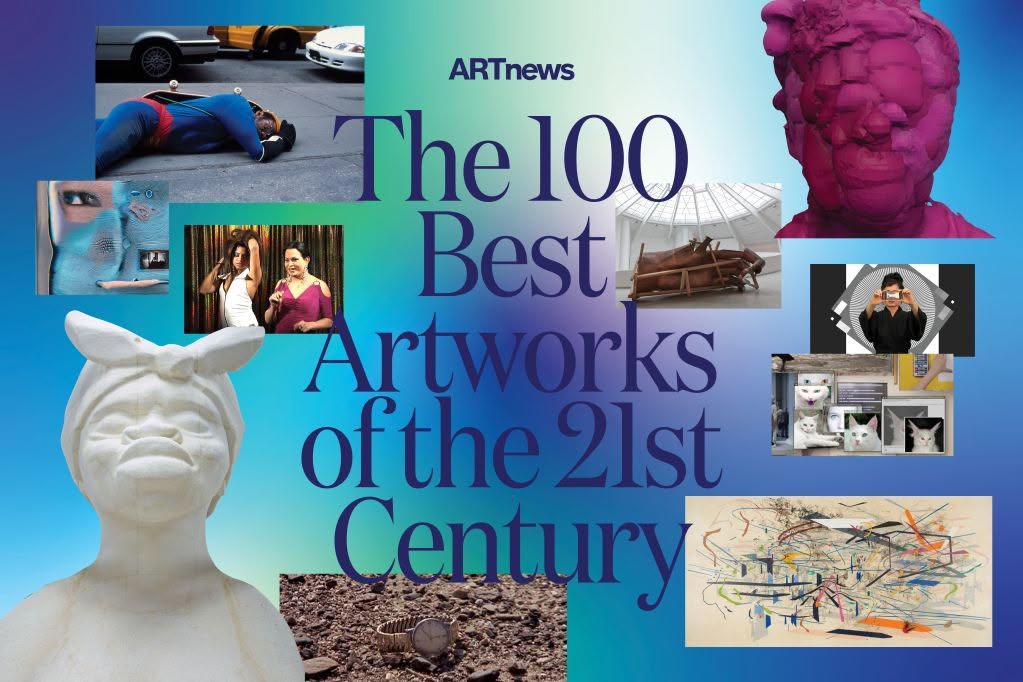 Collage depicting various artworks with the title "The 100 Best Artworks of the 21st Century" in bold purple text on a gradient background. Includes a white statue of a woman, a pink sculpture, and images of paintings and photographs.