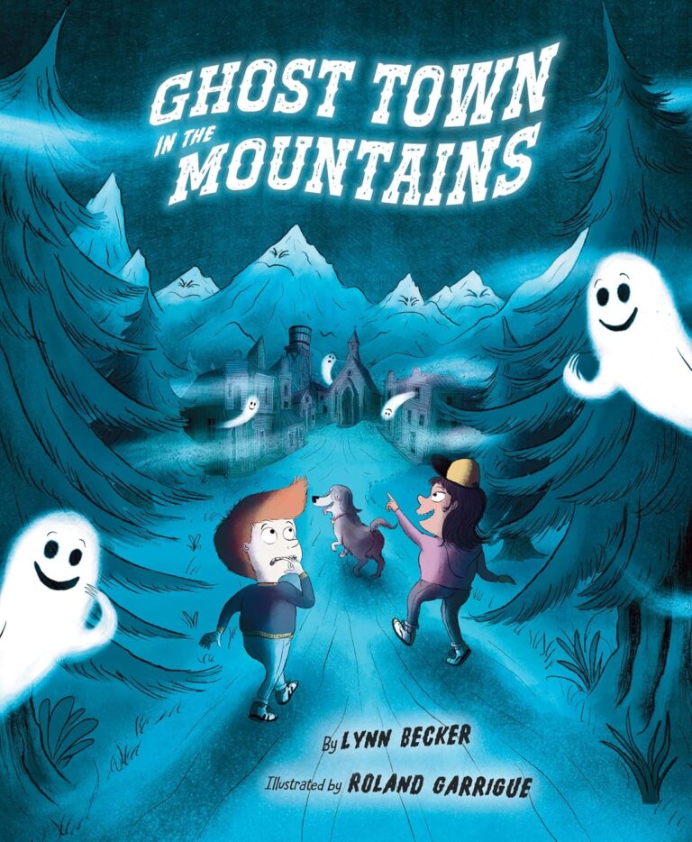 Book cover of 'Ghost Town in the Mountains' with children, a dog, and ghosts on a forest path leading to a mountain town.