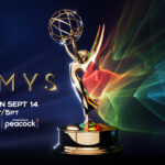 Golden Emmy Award statue against a dark blue background with colorful light streaks, featuring the text "EMMYS" and details for the live event.