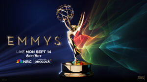 Golden Emmy Award statue against a dark blue background with colorful light streaks, featuring the text "EMMYS" and details for the live event.