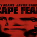 Promotional artwork for Apple TV's Cape Fear. Against a bright red background, large black text displays the title Cape Fear beneath the names Amy Adams and Javier Bardem. Stylized, overlapping close-up portraits of Adams and Bardem appear below the title, with the Apple TV logo in the lower-right corner.