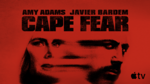 Promotional artwork for Apple TV's Cape Fear. Against a bright red background, large black text displays the title Cape Fear beneath the names Amy Adams and Javier Bardem. Stylized, overlapping close-up portraits of Adams and Bardem appear below the title, with the Apple TV logo in the lower-right corner.