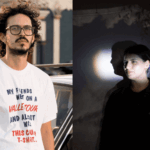 A split-image: on the left, a man in a white t-shirt stands beside a car with curly hair and glasses. On the right, a woman with a contemplative expression is illuminated by soft light against a dark, clouded background.