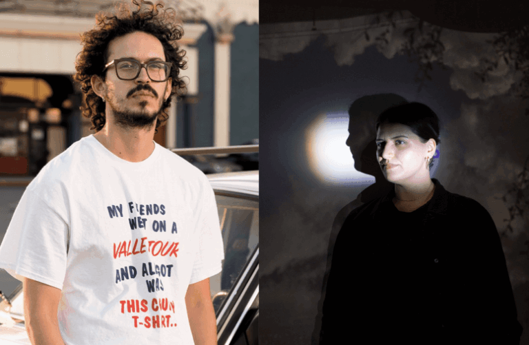 A split-image: on the left, a man in a white t-shirt stands beside a car with curly hair and glasses. On the right, a woman with a contemplative expression is illuminated by soft light against a dark, clouded background.