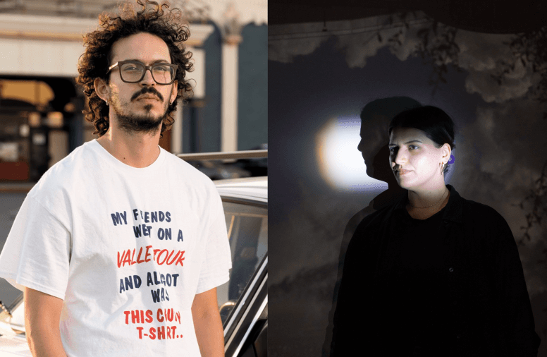 A split-image: on the left, a man in a white t-shirt stands beside a car with curly hair and glasses. On the right, a woman with a contemplative expression is illuminated by soft light against a dark, clouded background.