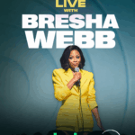 Promotional poster for "LOL! Live with Bresha Webb," featuring a smiling Bresha Webb in a yellow blazer holding a microphone, with text detailing the event date and streaming platform.