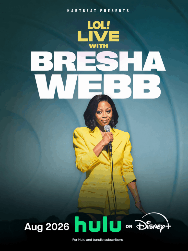 Promotional poster for "LOL! Live with Bresha Webb," featuring a smiling Bresha Webb in a yellow blazer holding a microphone, with text detailing the event date and streaming platform.