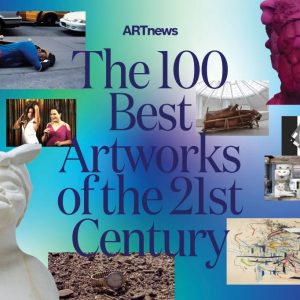 Collage depicting various artworks with the title "The 100 Best Artworks of the 21st Century" in bold purple text on a gradient background. Includes a white statue of a woman, a pink sculpture, and images of paintings and photographs.