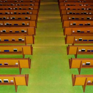 A photo image of the interior of an empty church.