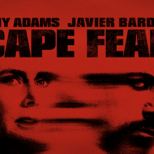 Promotional artwork for Apple TV's Cape Fear. Against a bright red background, large black text displays the title Cape Fear beneath the names Amy Adams and Javier Bardem. Stylized, overlapping close-up portraits of Adams and Bardem appear below the title, with the Apple TV logo in the lower-right corner.