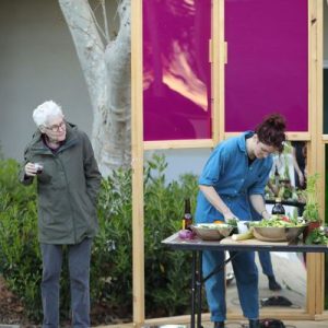 A woman with a glass of wine observes and art piece of making salad.