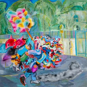 Erick Antonio Benitez, El Instante (The Moment), 2025. Acrylic, airbrush, and charcoal on canvas, 54 x 60 x 1.5 inches. | Image from AICAD.