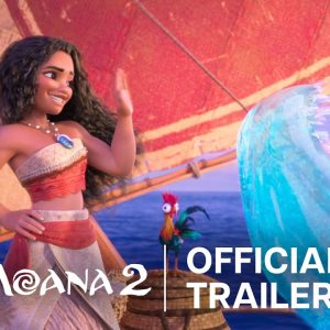 Moana sailing on boat greating an ocean wave