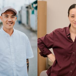 Two headshots of one man and one woman