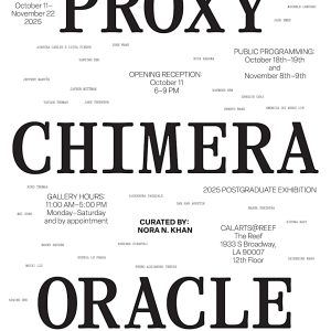 poster for the art show with text that reads Proxy Chimera Oracle with text for the artists names and details surrounding the title.