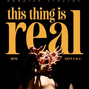A poster of 'this thing is real' with a bare-chested man whose face is cupped by several hands.