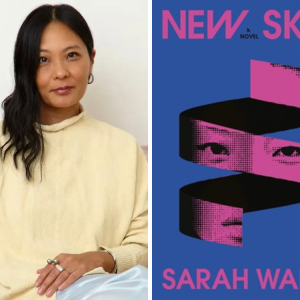 Book cover of "NEW SKIN" by Sarah Wang with a blue background, pink text, and a stylized face design.