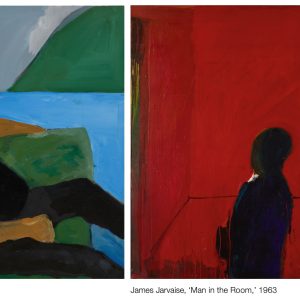 (Left) Henry Taylor, Untitled, 2024. | Acrylic on canvas 182.9 x 152.4 x 4.4 cm / 72 x 60 x 1 3/4 in. © Henry Taylor. Courtesy the artist and Hauser & Wirth. Photo: Keith Lubow. (Right) James Jarvaise, Man in the Room, 1963. Oil on canvas 153.7 x 153.7 x 3.2 cm / 60 1/2 x 60 1/2 x 1 1/4 in (framed). © The Estate of James Jarvaise. Photo: Gerard Vuilleumier